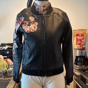 Joe's Jeans Black Faux Leather Bomber Jacket with Pink Floral Embroidery